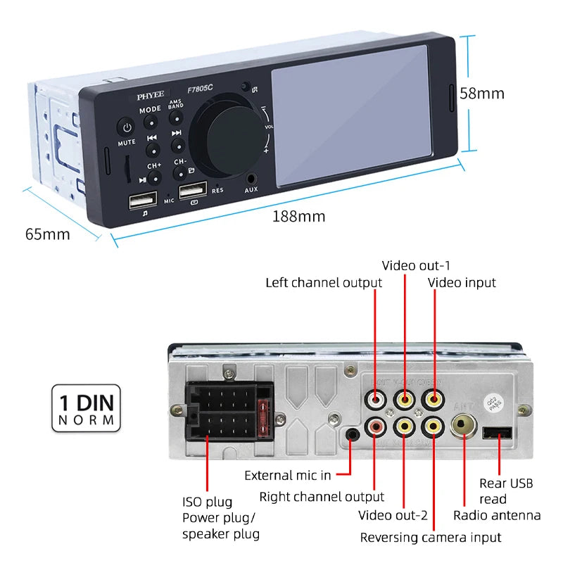 1 Din 4" CarPlay Car Radio, Bluetooth, Android-Auto, MP5 Player, Handfree A2DP, USB TF Aux Stereo, Multimedia Head Unit F7805C